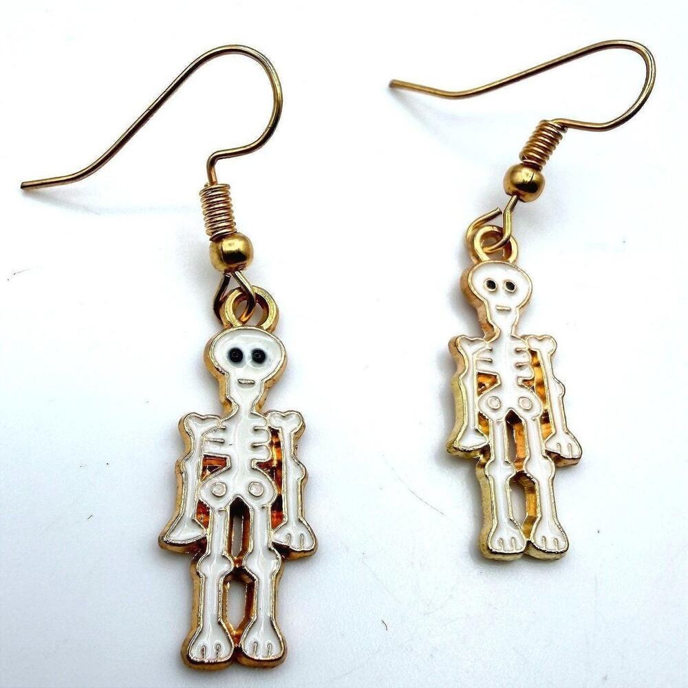 Vintage Gold Tone White Skeleton Dangle Earrings Halloween Spooky Costume